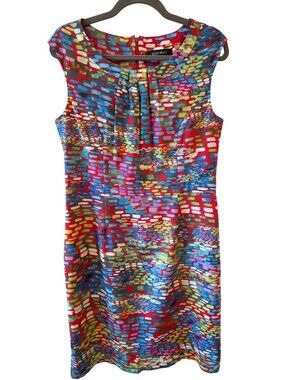Ellen Tracy Red Multicolor Abstract Print Sleeveless Sheath Dress Womens Size 12